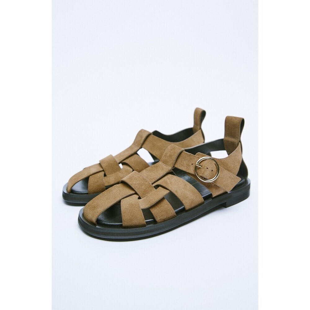 Brown Zara Leather Crisscross Interwoven Straps Low Heel Sandals (NWT)